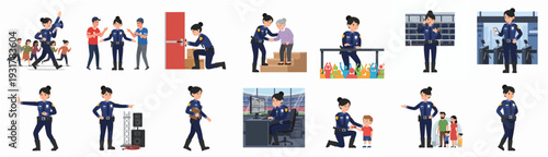 Modern Flat Character Design of Female Officer Helping People Illustration