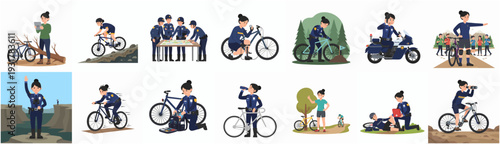 Illustrated Woman Police Officer Characters with Bicycle and Different Activity Set