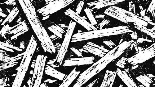 Abstract black and white wood plank texture with irregular overlapping pattern