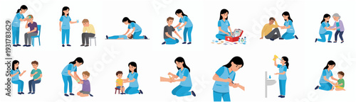 Flat Illustration Diverse Nurse Caring for Patient in Various Medical Scenarios