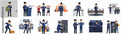 Flat Illustration Policewoman Character in Various Professions and Activities Set