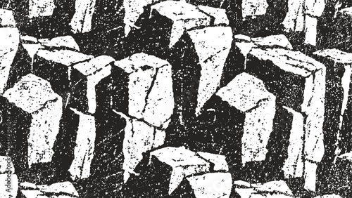 Abstract black and white stone pattern with rough textured blocks in irregular shapes and angles