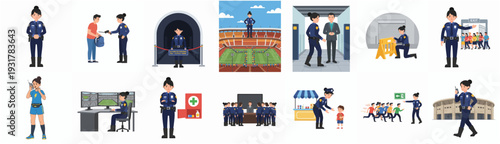 Diverse Flat Style Security Woman Various Scene Profession Illustration