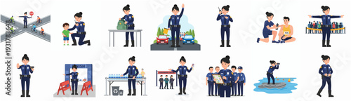 Flat Detailed Policewoman Activity Character Set Vector Illustration Graphic Design