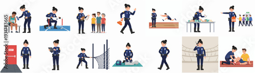 Illustrated Flat Style Various Activities of a Female Police Officer Cartoon Set