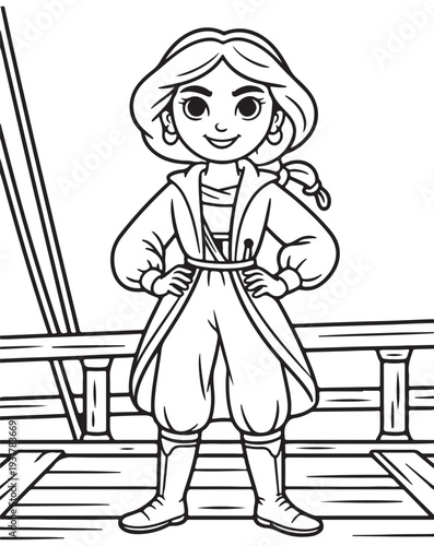 Cute pirate girl character on ship deck coloring page for kids vector illustration