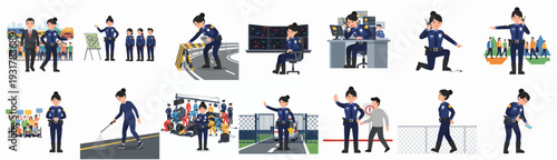 Collection of Flat Illustration Diverse Police Officer Woman Character Activities
