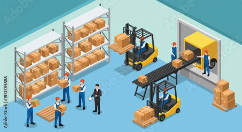 Isometric warehouse logistics and delivery process vector illustration