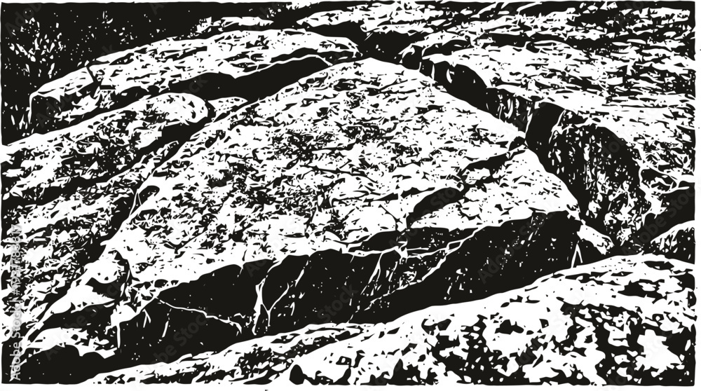 Obraz premium Large cracked stone slab in rough rocky terrain with textured surface and fractures