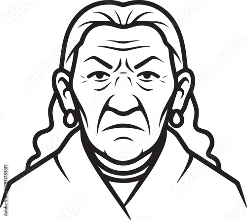 Old Woman Black and White Avatar Illustration in Minimal Line Art Style Design