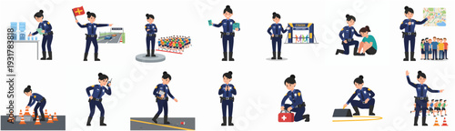 Diverse Flat Style Female Police Officer Character in Various Action Poses Set