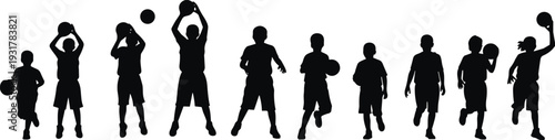 Black Silhouette Set Of Children Playing Basketball Featuring Dribbling Shooting And Jumping Poses Isolated On White For Sports And Youth