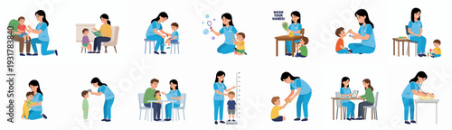 Simple Flat Illustration Set of Pediatrician Examination and Treatment for Kids