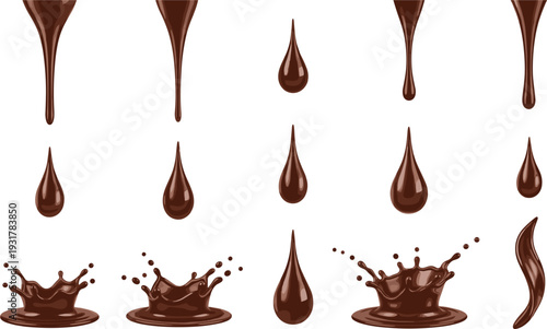 Liquid Chocolate Drop and Splash Vector Set with Realistic Brown Cacao Drips for Dessert Packaging, Sweet Food Branding, Bakery Menus, and Coffee Shop Designs