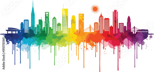 Colorful rainbow watercolor city skyline silhouette with paint drips and splatters for urban design creative art metropolitan landscape and travel concepts