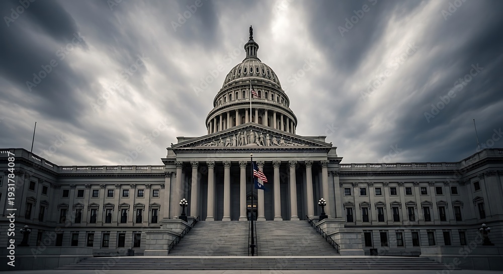 Fototapeta premium The United States Capitol building with American flag on cloudy day