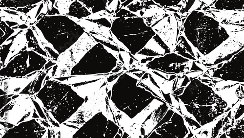 Black and white abstract geometric pattern with distressed texture and irregular shapes