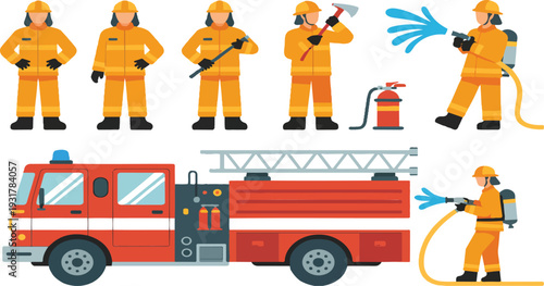 Firefighter Team with Fire Truck and Water Hose Rescue Service Vector Illustration Set