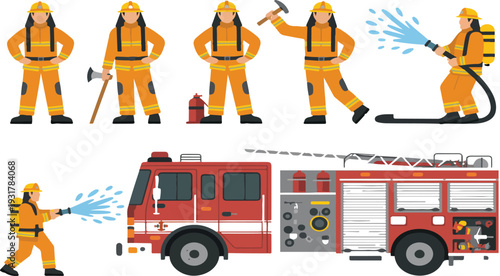 Firefighter Team with Fire Truck and Water Hose Rescue Service Vector Illustration Set