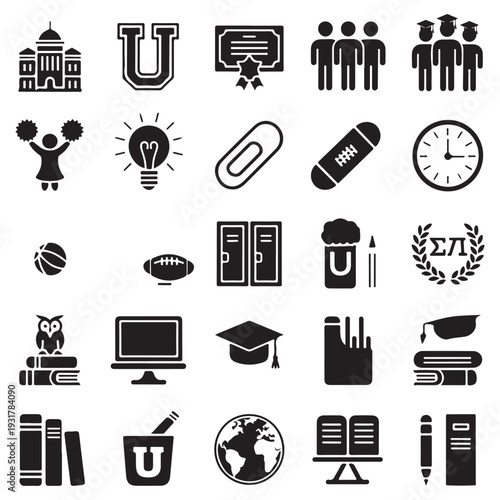 A set of black and white representing various educational and academic themes, including books, graduation caps, diplomas, and symbols related to learning and knowledge