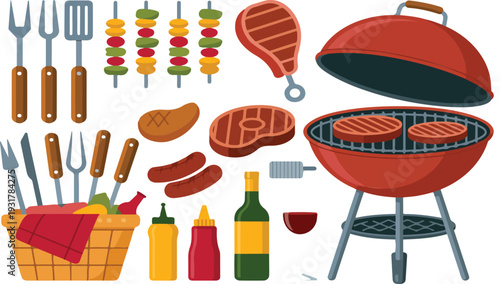 BBQ Grill Vector Illustration Set Featuring Barbecue Food, Tools, Sauces, Skewers and Cooking Accessories for Outdoor Picnic