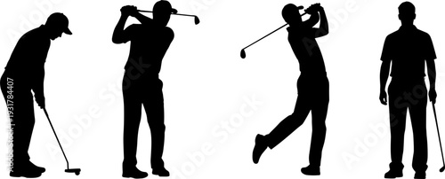 Golf Player Silhouette Illustration Set with Swinging, Putting, and Standing Poses for Sports, Recreation, and Outdoor Activity Design Projects