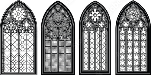 Set of gothic cathedral window silhouettes with intricate tracery patterns for architecture design church history religion and classic medieval building elements