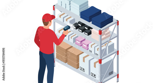 Isometric warehouse worker scanning boxes on metal shelves vector