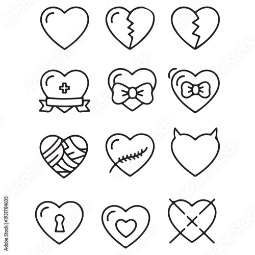 Twelve distinct heart in black and white line style, each featuring unique such as broken hearts, medical bandages, a keyhole, and bat wings