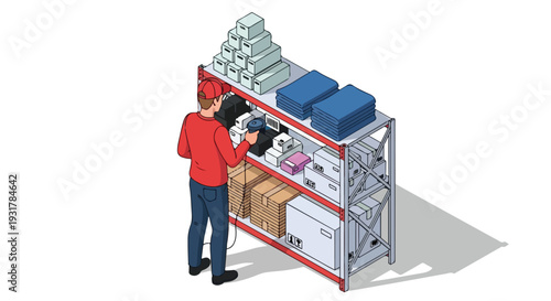Warehouse worker scanning inventory on metal shelves vector illustration