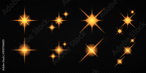 Glowing Golden Star Light Effect with Sparkle Rays and Lens Flare Illumination on Transparent Background