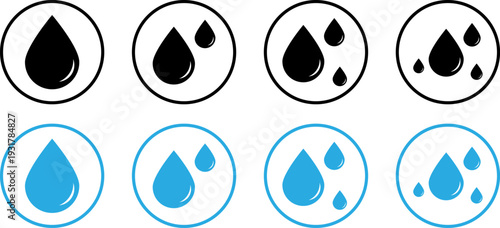 Water drop icons in black and blue circles for business and design use