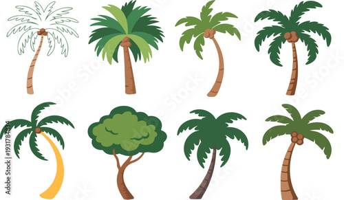 Palm Tree Vector Illustration Set Featuring Tropical Coconut Trees in Different Shapes, Styles and Angles for Summer and Travel Designs