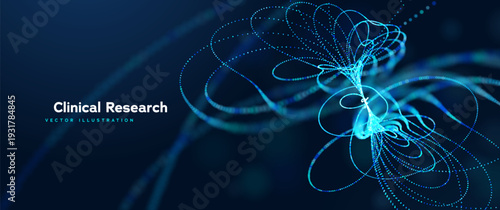Futuristic Clinical Research Visualization Showing Vascular Structures And Neural Fibers With Blue Particle Motion. Research Graphics. Vector Illustration.