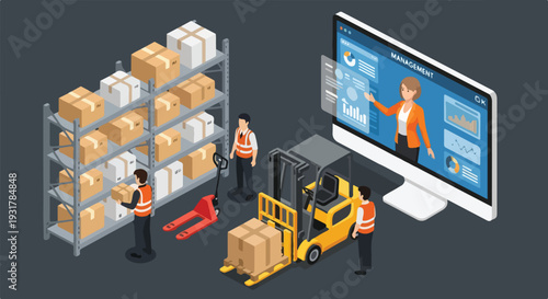 Isometric Warehouse Logistics and Online Training Vector Illustration