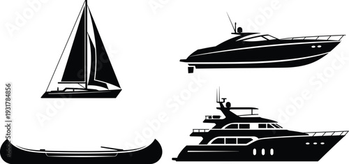 Black Silhouette Set Of Luxury Yachts Sailboat And Canoe Isolated On White Background For Maritime Travel Nautical Design And Lifestyle