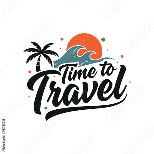 Time to Travel with Palm Tree and Ocean Wave sunset