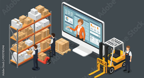 Isometric warehouse logistics and inventory management vector illustration