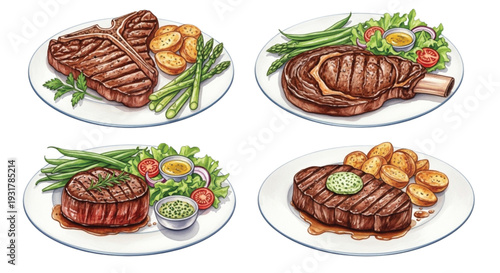 Watercolor Grilled Steak Plates with Vegetables Set
