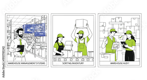 Set of 3 warehouse management and logistics vector illustrations