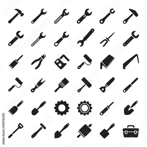 A collection of black and white representing various hand tools and equipment arranged in a grid pattern on a white background. The include hammers, wrenches, screwdrivers, pliers, saws, drills