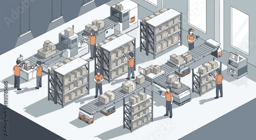 Isometric Smart Warehouse with Automated Conveyor Belts and Workers Vector Illustration