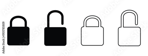 Black Lock Icon Set – Open and Closed Padlock Silhouette Vector