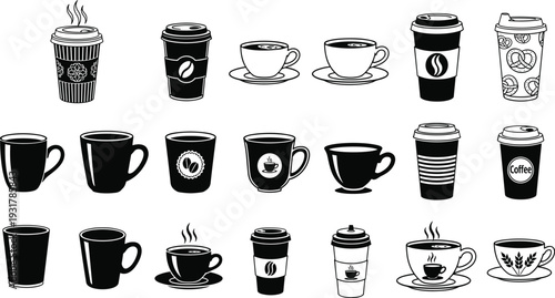 Coffee cup silhouettes collection, takeaway and ceramic mug vector set, hot beverage icons, isolated cafe drink illustrations, espresso latte cup clipart bundle