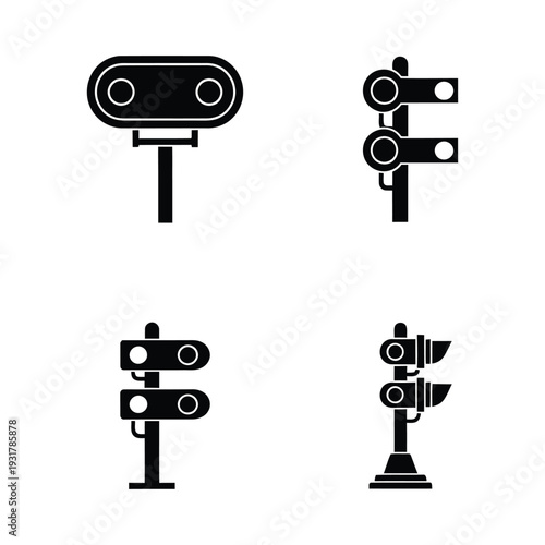 Railway traffic light signal icons set
