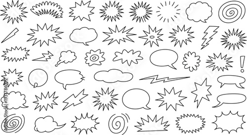 Comic speech bubbles and burst shapes collection with expressive hand-drawn doodle style in black outline on white background as vector graphic elements set for communication design