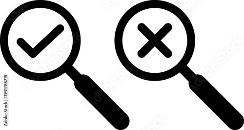 Magnifying glasses with checkmark and cross for approval and rejection