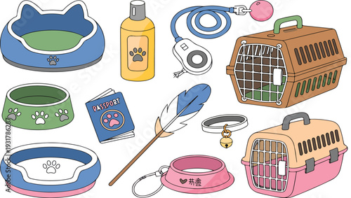 Pet Travel Accessories Vector Illustration Set Featuring Cat Carrier, Pet Bed, Leash, Passport and Care Items