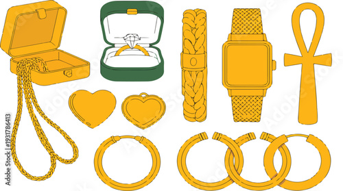 Gold Jewelry Collection Vector Illustration Featuring Luxury Accessories Including Rings, Necklaces, Bracelets and Earringsv