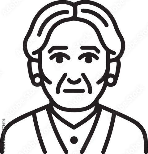 Old Woman Black and White Avatar Illustration in Minimal Line Art Style Design